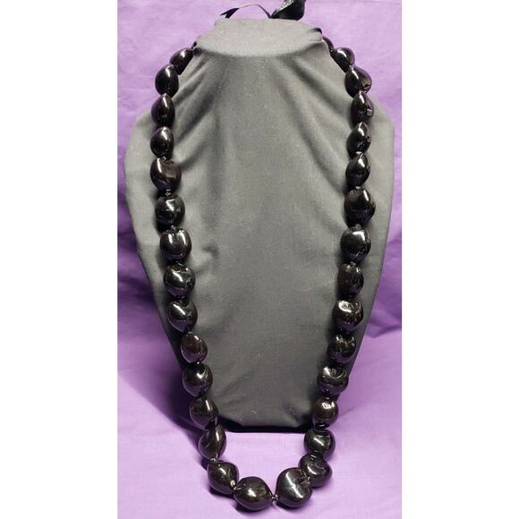 Kukui Nut Necklace, Shiny Black Color, Handmade, Black Ribbon, 34" long - Picture 1 of 9